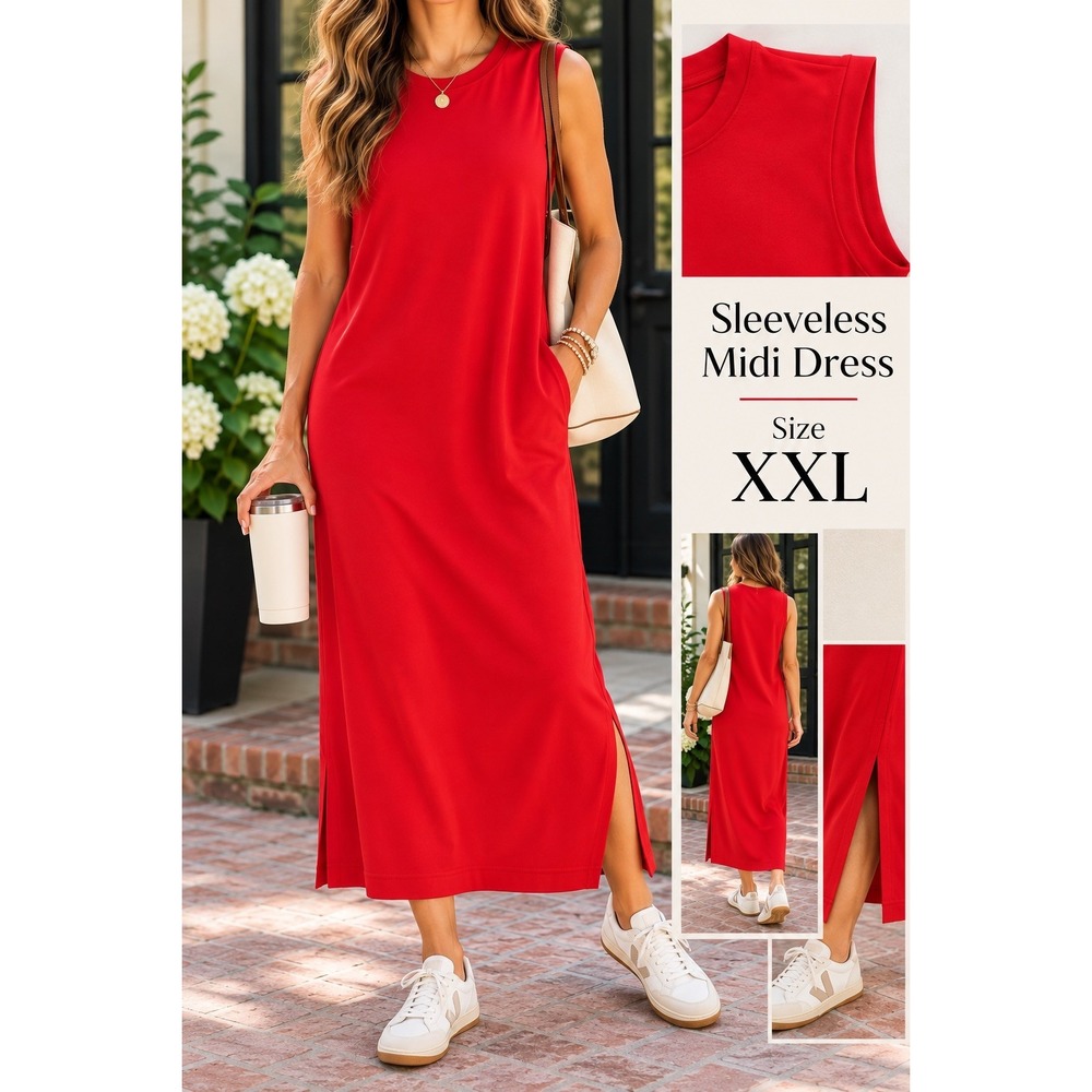 Red Sleeveless Midi T-Shirt Dress with Pockets XXL